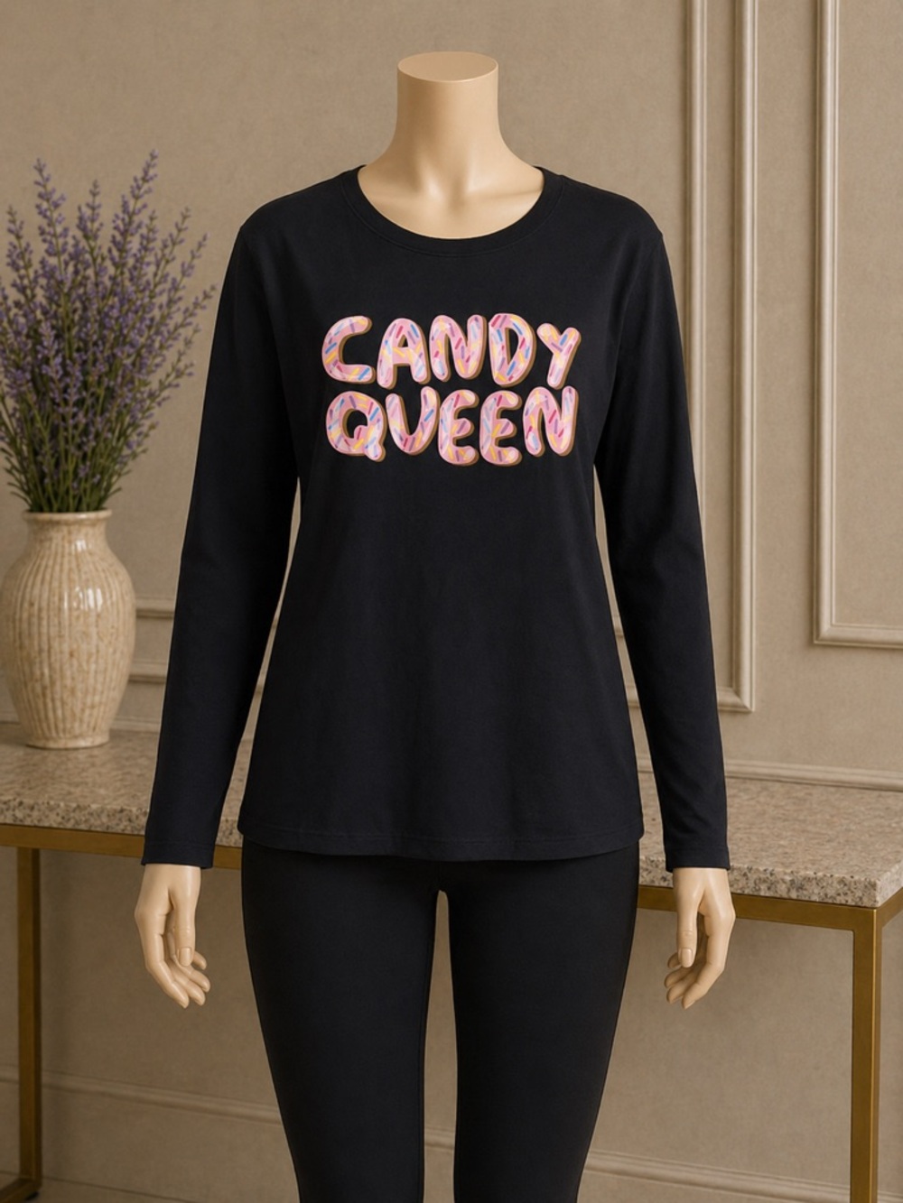 Candy Queen Graphic Long Sleeve Top – No Tag (Fits L/XL) Cute Sprinkle Lettering